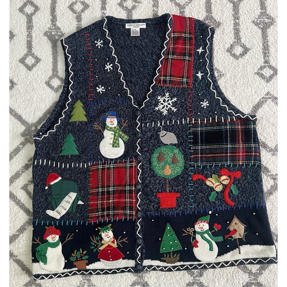 Rebecca Malone Jackets & Blazers - REBECCA MALONE Applique Snowman Bead Knit Christmas Sweater Vest